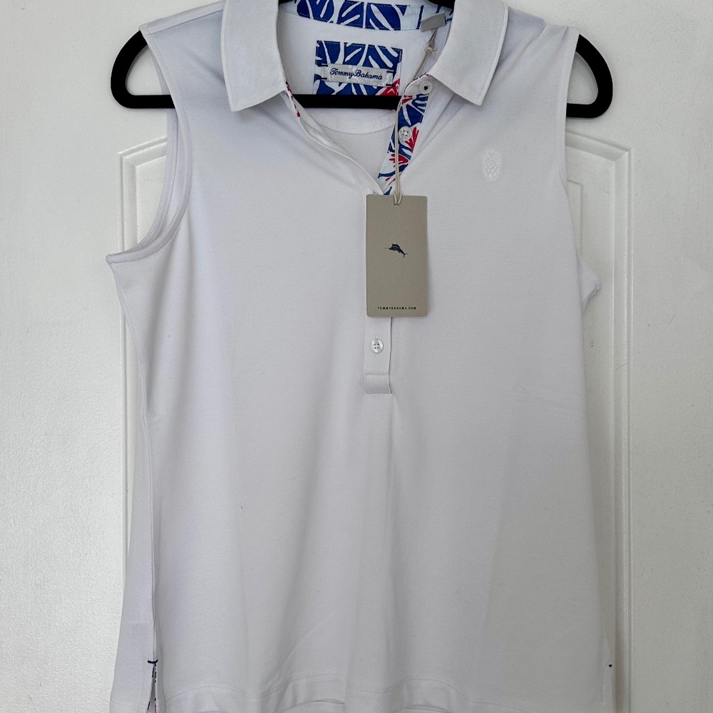 Tommy Bahama White Sleeveless Polo Tank with Blue & Pink Trim